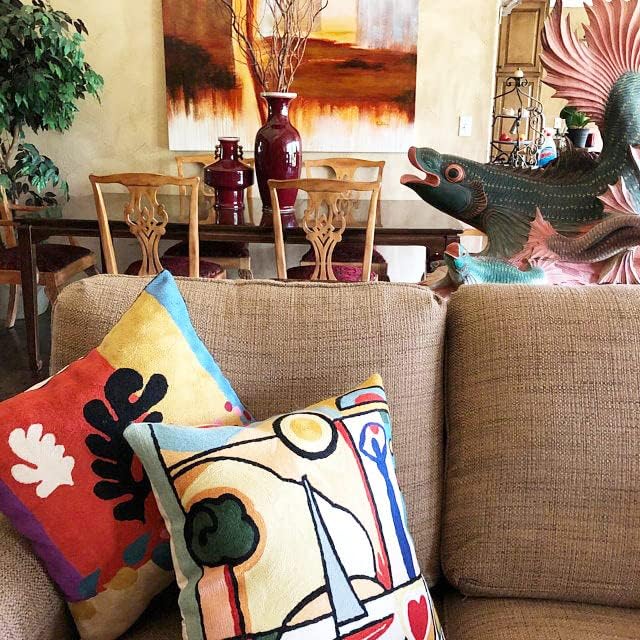 Matisse Coral Pillow Cover | Orange Modern Pillows | Modern Chair Cushion| Farmhouse Pillows | Flower Outdoor Pillow | Mid Century Chair Cushion | Hand Embroidered Wool Size 18x18-Ruum Studio Home