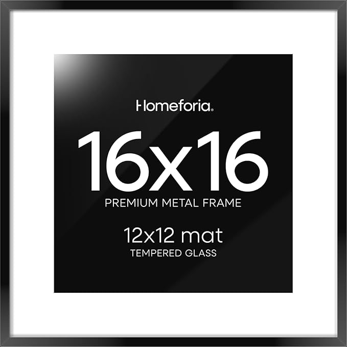 Homeforia 16x16 Picture Frame Black, High End Metal 16x16 Square Poster Frame Matted to 12x12 Print, 16 x 16 Black Frames with Mat 12 x 12 Photo, 16by16 Thin Frames, Tempered Glass, Wall Kit, Set of 1-Ruum Studio Home