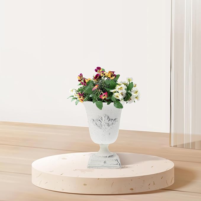 POPETPOP Tall Urn Vase Retro White Metal Urn Planter Pedestal Flower Pot Rustic Farmhouse Flower Holder for French Country Style Home Table Centerpiece Decor，5.9x5.9x7.47 inches-Ruum Studio Home