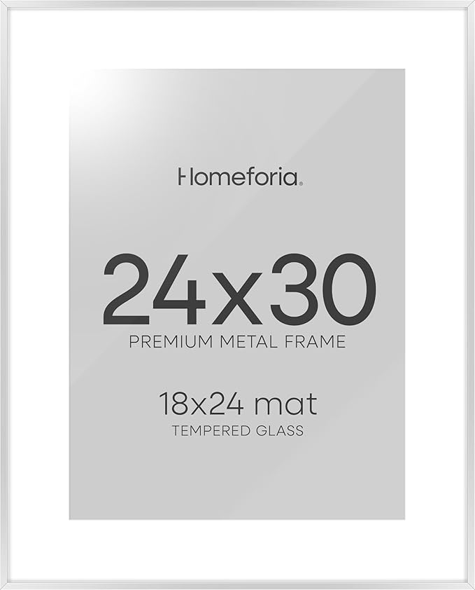Homeforia Poster Silver Frame 24x30, High End Metal 24 x 30 Large Picture Frames with Mat 18 by 24 for Photo, 24x30 Silver Frames Matted to 18x24 Print, 30x24 Frame, Tempered Glass, Wall Kit, Set of 1-Ruum Studio Home