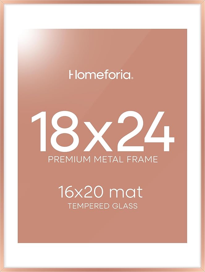 Homeforia 18x24 Frame Rose Gold, High End Metal 18x24 Poster Frames with Mat 16x20 inch Photo, 18 x 24 Rose Gold Picture Frame Matted to 16 by 20 Print, 24x18 Frame, Tempered Glass, Wall Kit, Set of 1-Ruum Studio Home