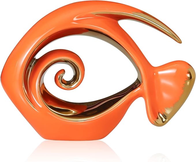 Orange Gold Ceramic Fish Figurines - Coastal Home Decor, Modern Ocean Centerpieces for Living Room, Dining Area, Bathroom, Office, Coffee Table, Beach House, Nautical, Seaside, Entrance, Shelf Display-Ruum Studio Home