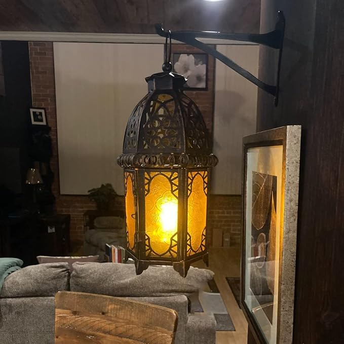 NEEDOMO Set of 2 Hanging Moroccan Lantern, 12.8'' Vintage Candle Holder, Metal Lanterns Decorative Indoor Outdoor, Table, Patio, Porch, Shelf, Ramadan Decorations (Amber)-Ruum Studio Home