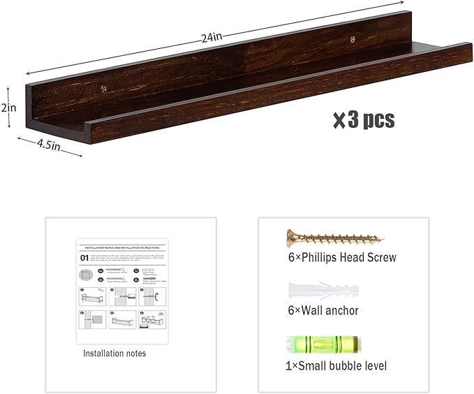 AZSKY Walnut Floating Shelves 24 Inch Picture Ledge Shelf for Wall Photo Shelves with Lip for Pictures Nursery Room Bookshelf Wood Wall Shelves Set of 3 for Bedroom Living Room Bathroom Kitchen-Ruum Studio Home