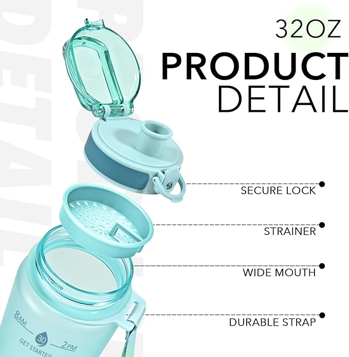 32oz Motivational Water Bottles with Time Marker & Fruit Strainer, Transparent Gradient Color Water Bottle with Times to Drink, Leakproof & BPA Free, Reusable Bottle with Strap (No Straw)-Ruum Studio Home