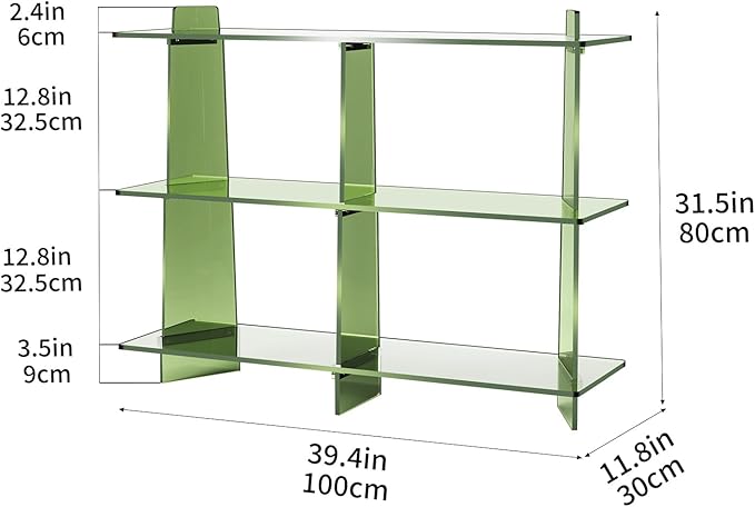 Acrylic Bookshelf, Small 3 Tier Open Bookcase for Small Spaces,Sofa Table, Hallway Entry Table for Home Living Room (Green, 39.4'' x 11.8'' x 31.5'')-Ruum Studio Home