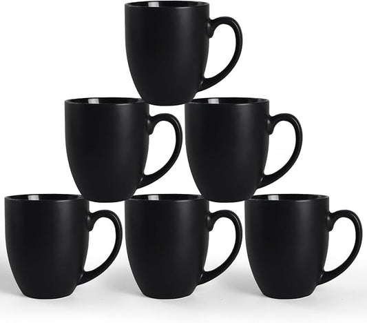 16 OZ Black Stoneware Mugs Set of 6, Large Ceramic Coffee Cups with Handle, Porcelain Mugs for Latte, Milk, Tea and Juice-Ruum Studio Home