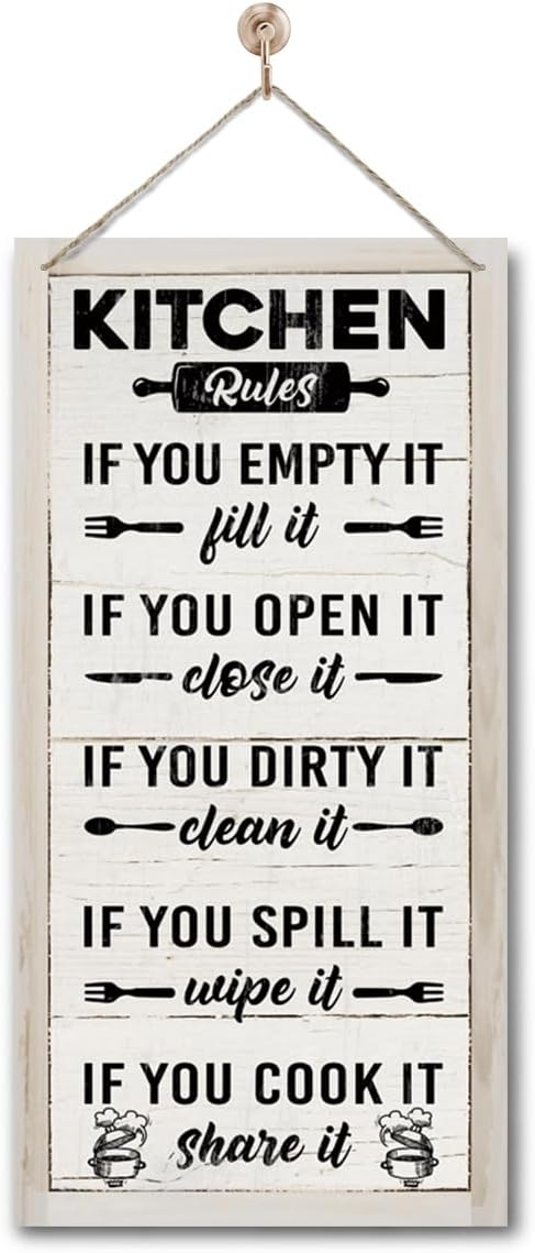 Hanging Kitchen Rules Wood Decor Sign, Rustic Kitchen Wooden Signs, Printed Wood Wall Art Sign, Kitchen Door Rules Rustic Sign, Hanging Wood Sign Kitchen Decor, Funny Farmhouse Kitchen Wall Décor B1-Ruum Studio Home