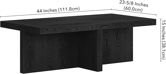 Henn&Hart 44" Rectangular Wood Pedestal Low-Profile Coffee Table for Living Room, Family Room, or Office, Black Grain-Ruum Studio Home