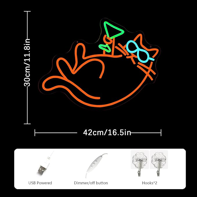 Cat Martini Neon Sign for Wall Decor Bar Neon Light Red Cat with Glasses Drink Beer LED Sign Dimmiable LED Neon Light Sign for Bar Kidsroom Business Bedroom Game Room-Ruum Studio Home