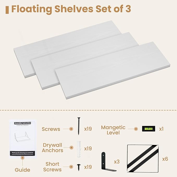 Heimlove 24 Inches White Floating Shelves,8 Inches Deep Wall Bookshelf Mounted Display&Storage Wood Wall Shelves for Kitchen Bathroom Laundry Living Room,Set of 3-Ruum Studio Home