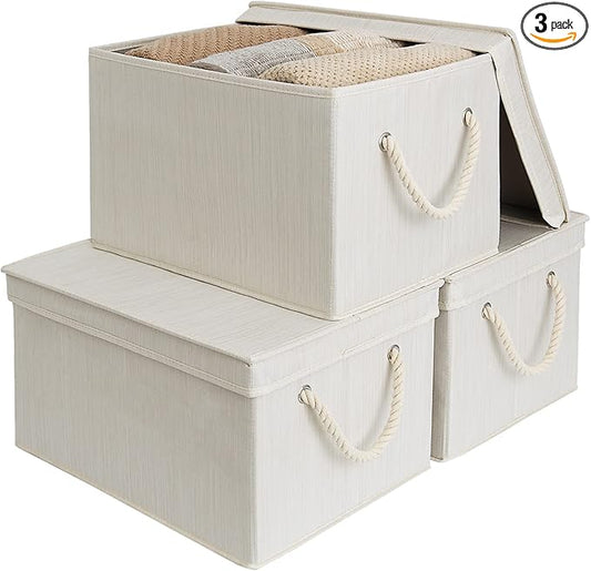 StorageWorks Storage Bins with Lids, Decorative Storage Boxes with Lid and Soft Rope Handles, Foldable Storage Baskets for Closet, Shelves, Stackable, Ivory and White, Jumbo, 3-Pack-Ruum Studio Home