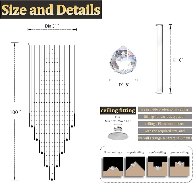 D32''X H100'' Large Crystal Chandelier Lighting, Modern LED Round Raindrop Flush Mount Ceiling Light Fixture for Hotel Staircase Hallway Modern Crystal Chandelier Suitable for Sloping Ceiling-Ruum Studio Home