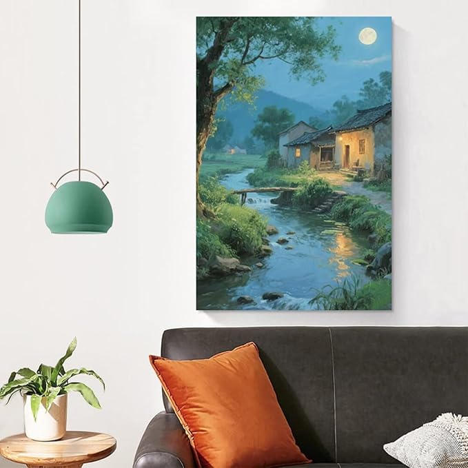 Moonlight under the big tree creek cabin scenery is suitable for posting in the living room bedroom office scenery poster wall painting-Ruum Studio Home
