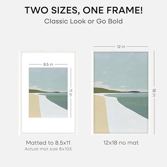 Homeforia 12x18 Frame White Wood, High End Oak 12x18 Poster Frame White with Mat 8.5x11 Print, 12 x 18 Wooden Picture Frames Matted to 8.5 by 11 Photo, 18x12 Frames, Tempered Glass, Wall Kit, Set of 1-Ruum Studio Home