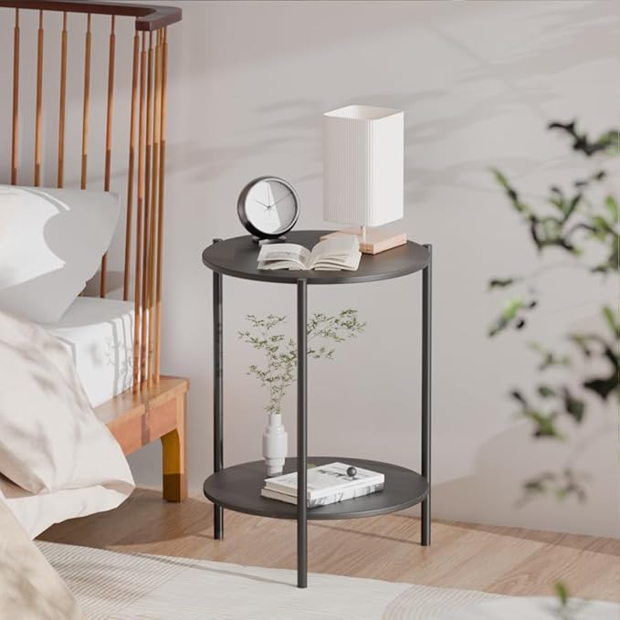 Side Table, Round End Table with 2-Layer Storage Rack, 15.7" Small Spaces Circle Table, Metal Frame Design Small Side Tables, for Living Room, Bedroom, Grey-Ruum Studio Home