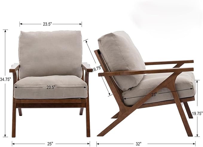 HNY Mid Century Chair, Faux Leather Upholstered Accent Armchair with Wood Frame and Canvas Cushions, Leisure Reading Chair Slipper Chair for Living Room, Bedroom, Beige-Ruum Studio Home