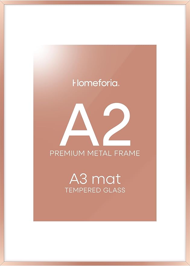 Homeforia A2 Poster Frame Rose Gold, High End Metal A2 Picture Frame Rose Gold with Mat A3 for Print, 16.5x23.4 Frame Matted to 11.7x16.5 Photo, 16.5 by 23.5 Frames, Tempered Glass, Wall Kit, Set of 1-Ruum Studio Home