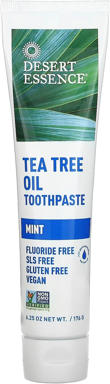 Desert Essence Tea Tree Oil Toothpaste - Mint - 6.25 Ounce - Refreshing Taste - Deep Cleans Teeth & Gums - Helps Fight Plaque - Sea Salt - Pure Essential Oil - Baking Soda - Promotes Healthy Mouth-Ruum Studio Home