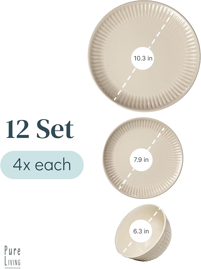 Stoneware Dinnerware Set for 4 People HYGGE 12-Piece - Elegant Scandi Design - Premium Dish Set - Bowl and Plate Set - Tableware for 4 People in a Ribbed Design - Pure Living in Light Brown-Ruum Studio Home