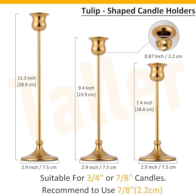 Taper Candle Holder Tall Vintage Metal Candlestick Holders Candle Stick Candelabra for Halloween Thanksgiving Christmas Holiday Wedding (Gold, 1 Set (3 pcs))-Ruum Studio Home