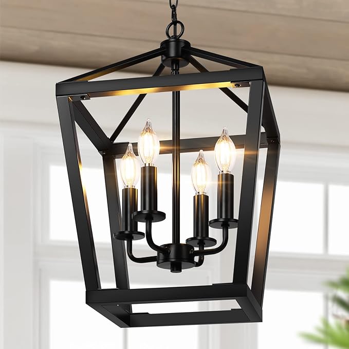 BrightHome Farmhouse Chandelier 4-Light, Black Pendant Light Fixture Ceiling Hanging for Kitchen Island Dining Room, Lantern Industrial Lighting with Metal Cage Adjustable Height for Entryway Foyer-Ruum Studio Home