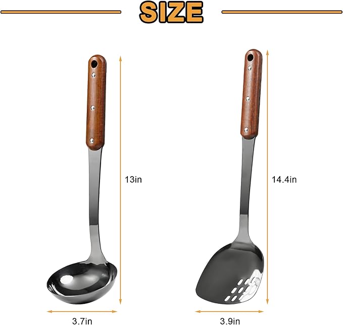 FJNATINH Stainless Steel Wok Spatula and Ladle Tool, Mirror Polished Cooking Utensils Set Metal Wok Accessories with Wooden Handle,Easy to Clean Kitchen Utensils,Black-Ruum Studio Home