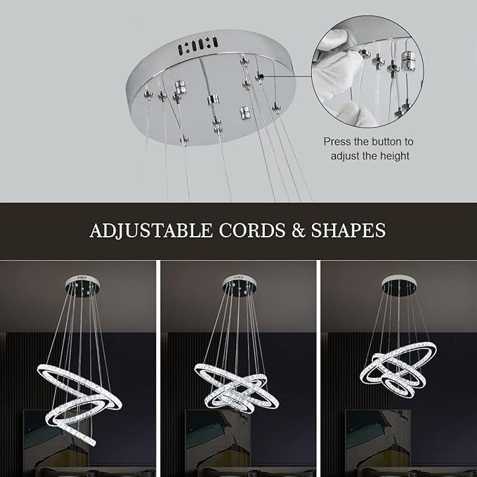Buccleuch Modern Crystal Chandelier, Dimmable LED Pendant Light Fixture 3-Ring Adjustable Stainless Steel Ceiling Light, Silver Crystal Chandeliers for Dining Room, Bedroom, Living Room - ETL Listed-Ruum Studio Home