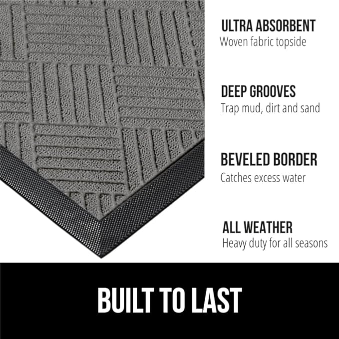 GORILLA GRIP 100% Waterproof All-Season WeatherMax Doormat US Designed Natural Rubber, Stain and Fade Resistant, Low Profile Indoor Outdoor Door Mats, Easy Clean Patio Mat, 17x29, Steel Diamond-Ruum Studio Home