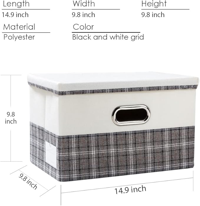 PRANDOM Collapsible Storage Bin with Lid [3-Pack] Fabric Foldable Storage Box Organizer Container Basket Cube with Cover for Home Bedroom Closet Office Nursery Gray plaid & Cream(14.9x9.8x9.8)-Ruum Studio Home