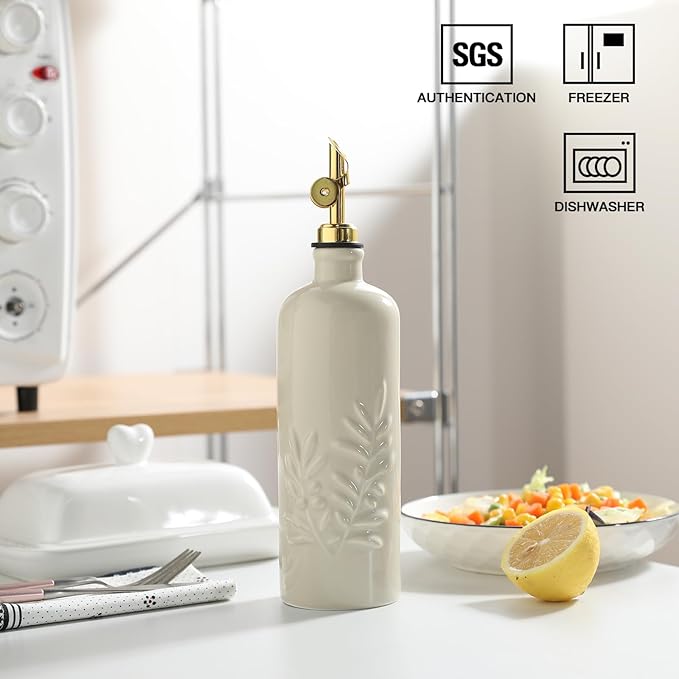 Sweejar 18 Oz Oil Dispenser for Kitchen with Gravity Spout, Ceramic Olive Oil Dispenser Bottle, Relief Opaque Vinegar Container for Evoo, Vinegar, Soy Sauce, Pack of 1(Beige, Gold Spout)-Ruum Studio Home