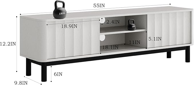 White Mid Century Modern TV Stand, Wood Fluted Living Room TV Stands with Storage Sliding Doors, Desert-Inspired Design MCM Entertainment Center for 55 60 65 70 75 55+ 60+ 65+ 70+ Inch-Ruum Studio Home