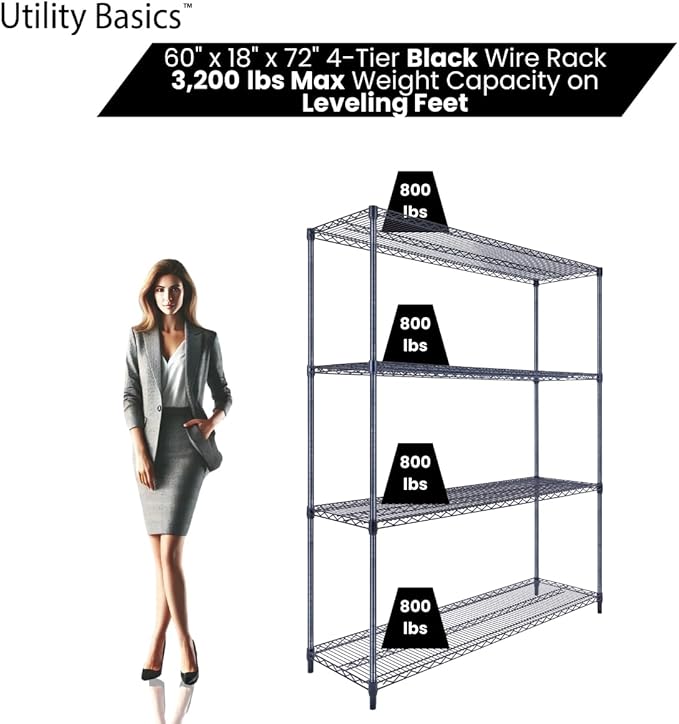 60"x18"x72" Black Premium Metal Steel Wire Shelving 4-Tier NSF 3200 LBS MAX Capacity Heavy Duty Storage Rack for Garages, Commercial Spaces, Hospitals, & Schools w/Premium Wheels-Ruum Studio Home