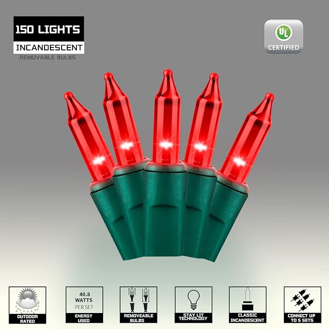 150LIGHTS RED Extra-Bright with End Connectors Christmas Decorative Lights 9.72m UL Certified Mini String Light Set Waterproof for Home Garden Holiday Christmas Tree Party Patio Decor Wedding-Ruum Studio Home