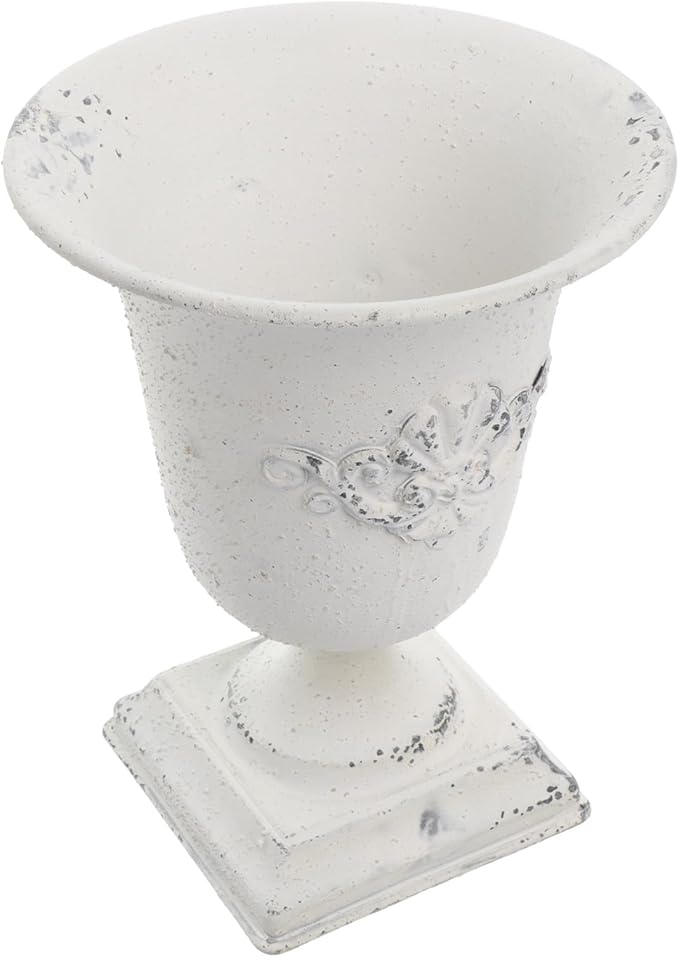 POPETPOP Tall Urn Vase Retro White Metal Urn Planter Pedestal Flower Pot Rustic Farmhouse Flower Holder for French Country Style Home Table Centerpiece Decor，5.9x5.9x7.47 inches-Ruum Studio Home