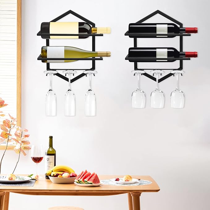Wall Mounted Wine Stemware Rack, Metal Hanging Wine Glass Display Holde Holds 3 Cups 2 Bottles, Elegant Storage for Kitchen Dining Room Bar Wine Cellar (Black 1)-Ruum Studio Home