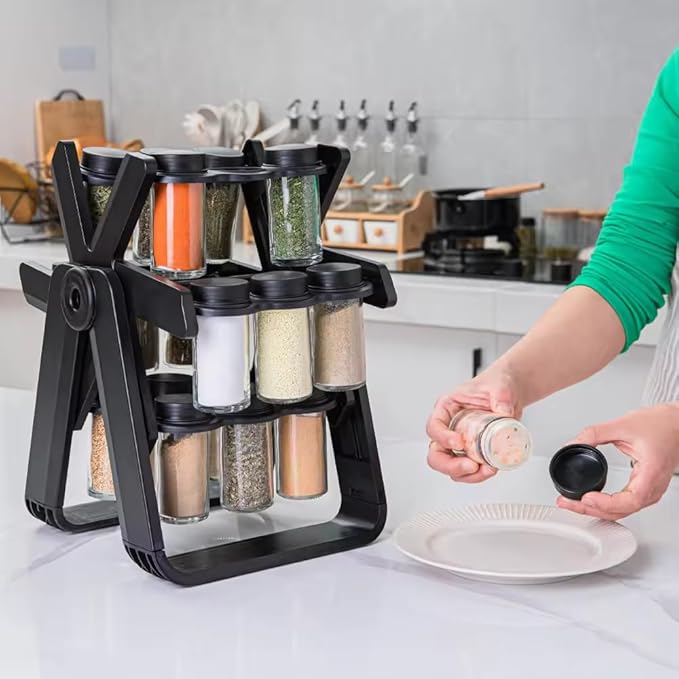A&K's Rotating Spice Rack Organizer, 18 Glass Jars, 360-Degree Turntable, Black, Comes with Spice Label Stickers, Funnel, and Water Pen. Best for Kitchen Organization, Countertop, Pantry, and Cabinet.-Ruum Studio Home