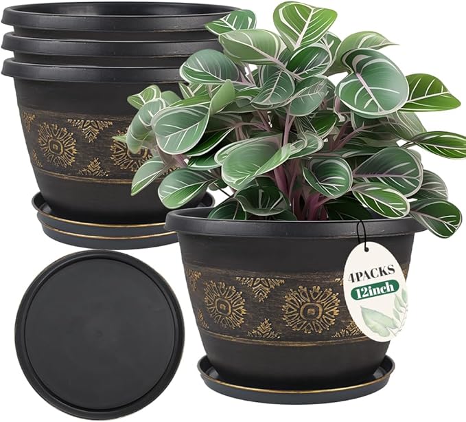 4 Pack 12 inch Plant Pots, Retro Pattern Planters with Drainage Holes and Saucer, Sturdy Plastic Garden Flower Pots for Indoor & Outdoor Plants-Ruum Studio Home