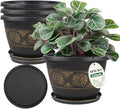 4 Pack 12 inch Plant Pots, Retro Pattern Planters with Drainage Holes and Saucer, Sturdy Plastic Garden Flower Pots for Indoor & Outdoor Plants-Ruum Studio Home