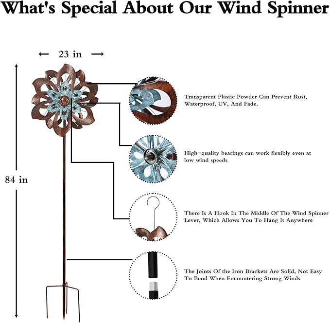 Garden Wind Spinner,Flower Wind Spinner,Outdoor Metal Wind Sculpture & Spinner Large 23 inch Dia 84 inch Height Kinetic Windmill for Garden Yard-Ruum Studio Home
