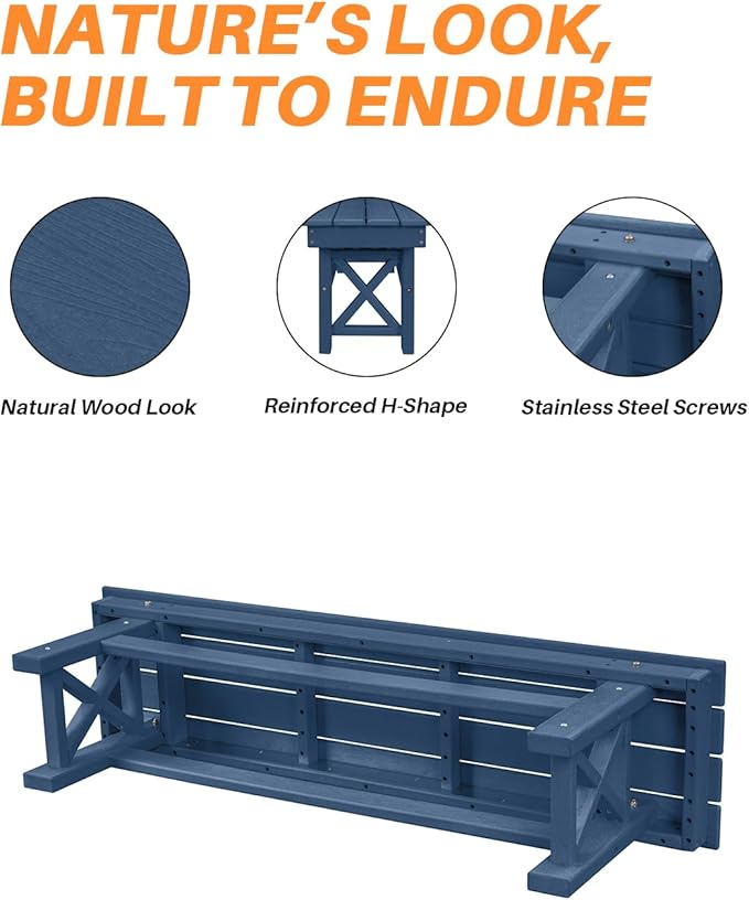 HDPE Outdoor Bench, 55" Patio Bench Outdoor Furniture, Poly Lumber Adirondack Benches, All Weather HDPE Garden Backless Benches for Park, Poolside, Deck, Porch, Navy-Ruum Studio Home