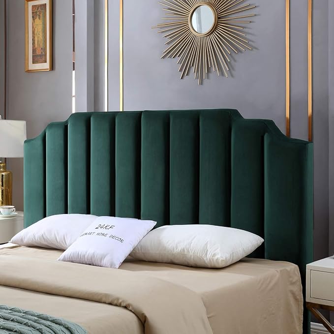 24KF Jade Velvet Tufted King Upholstered Headboard, Modern Vertical Channel Design California King Headboard with Stepped Silhouette Top Edge,Jade-Ruum Studio Home