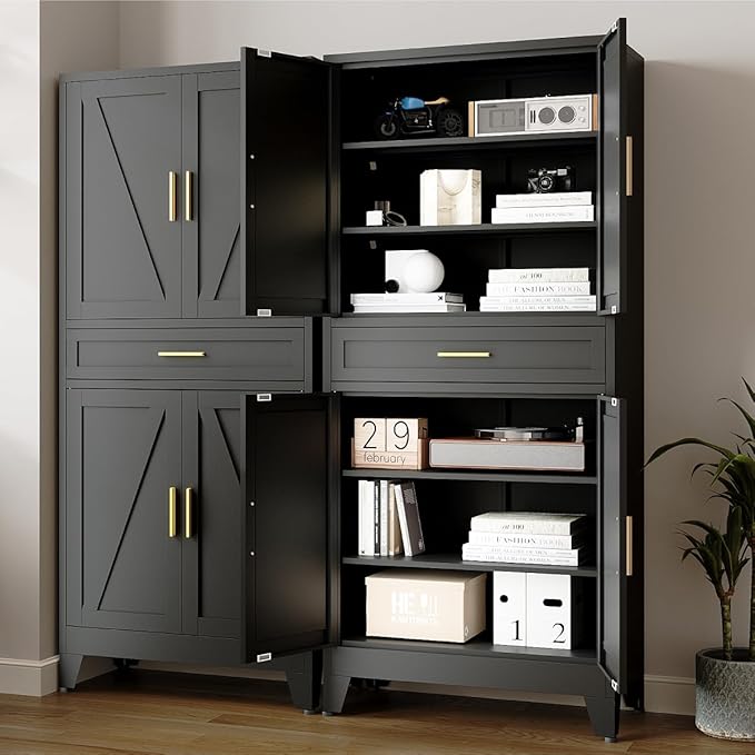 71 "Farmhouse Metal Filing Cabinet with a Drawer and 4 Adjustable Shelves, with 4 Large barn Door White Kitchen Cabinets, Metal Food Cabinets for Home, Kitchen, Dining/Living Room (Black)-Ruum Studio Home