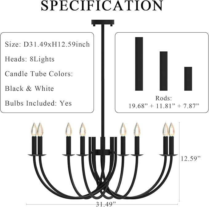 Large Black Chandeliers Light Fixture, Modern Candle Pendant Lighting, Round LED Hanging Lamp Ceiling for Bedroom Living Room Dining Room Kitchen Island Farmhouse (Black-C 8Lights)-Ruum Studio Home