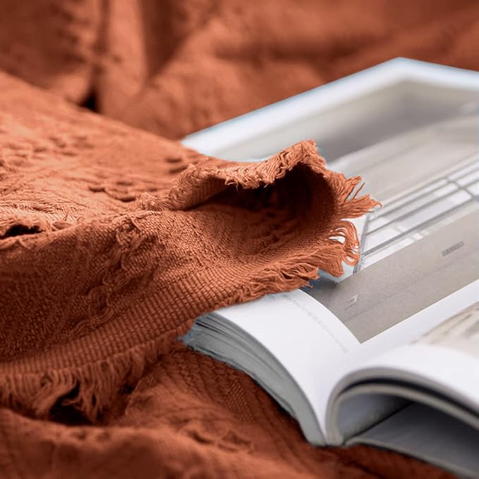 Simple&Opulence 100% Cotton Throw Blanket for Bed, Couch, Boho Luxury Geometric Woven Blanket with Tassels Soft Lightweight Cozy Breathable, Vintage Farmhouse Decoration for All-Season(Rust Orange)-Ruum Studio Home