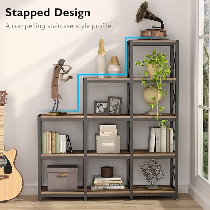 Tribesigns 12 Shelves Bookshelf, Industrial Ladder Corner Bookshelf 9 Cubes Stepped Etagere Bookcase, Rustic 5-Tier Display Shelf Storage Organizer for Home Office (Rustic Brown)-Ruum Studio Home
