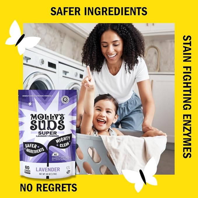 Molly's Suds Super Powder Detergent | Extra Strength Laundry Soap, Stain Fighting | Sensitive Skin | Simple, Effective Ingredients | Lavender, 120 Loads Total (2 Pack)-Ruum Studio Home