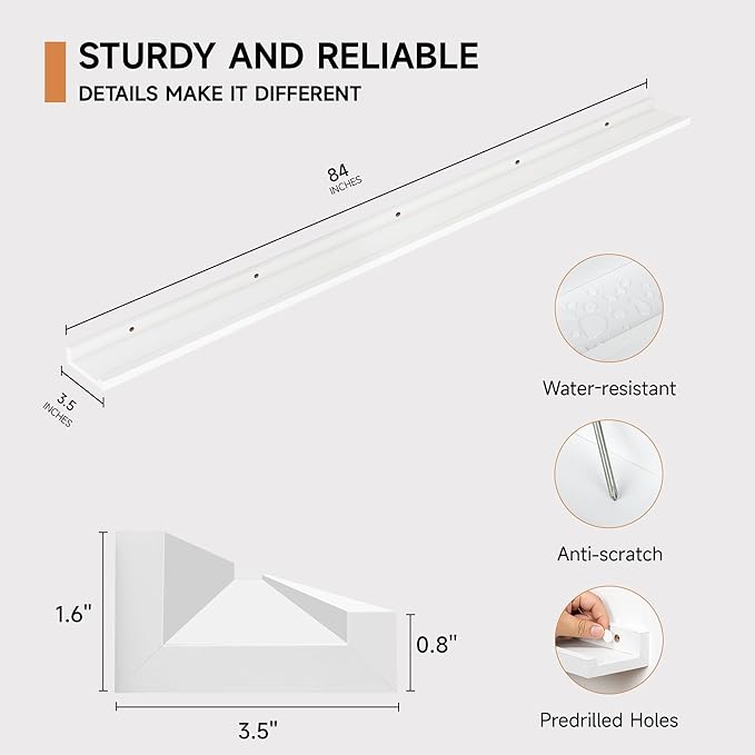 Floating Picture Ledge Shelves for Wall Set of 2, 84 Inches Picture Ledge Shelf with Long Large Nursery Book Shelf for Toys Storage Kids Bookshelf Wall Mounted Living Room Bedroom Decor Frames, White-Ruum Studio Home