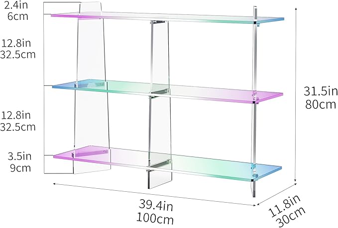 Acrylic Bookshelf, Small 3 Tier Open Bookcase for Small Spaces,Sofa Table, Hallway Entry Table for Home Living Room (Iridescent, 39.4" x 11.8" x 31.5)-Ruum Studio Home
