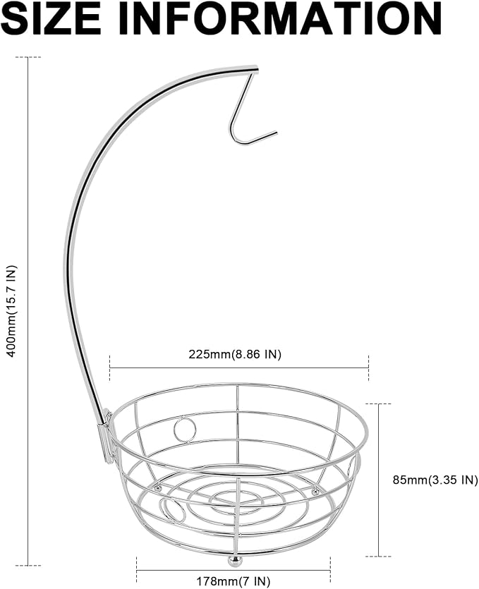 Livabber Countertop Fruit Basket Bowl with Banana Hanger, Modern Standing Fruit Vegetable Bowl Storage, with Banana Tree Holder for Kitchen Dinning Table (Round Metal, Chrome)-Ruum Studio Home